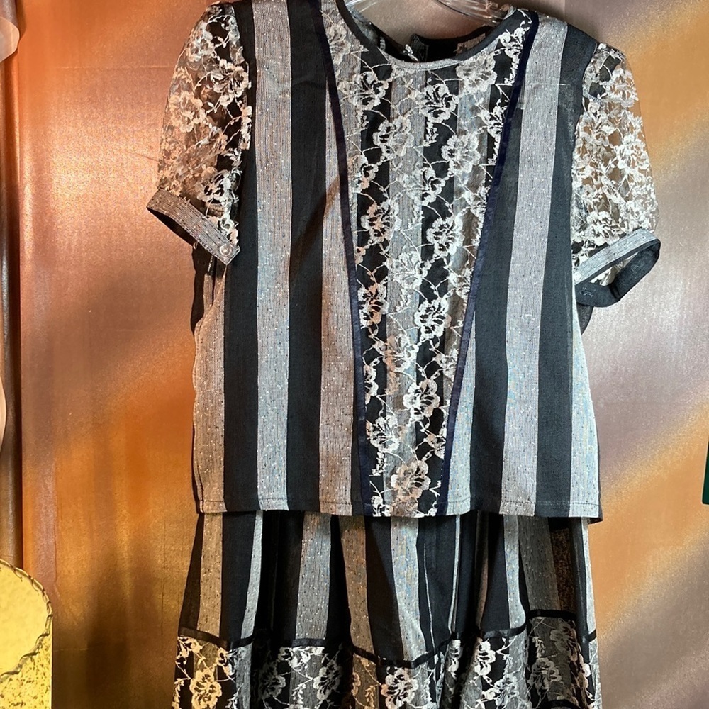Vintage 80’S Striped sheer skirt and blouse set. Size small 36” chest. 131